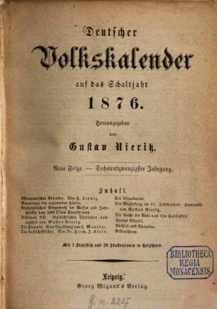 Deutscher Volkskalender. 1876 = N.F. 26