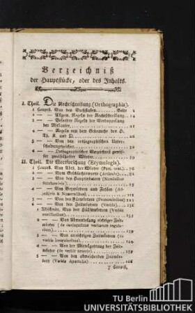 Verzeichniß der Hauptstücke, oder des Inhalts.