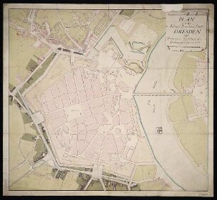 Plan von der koenigl. Residenz-Stadt Dresden mit Projekt von Ausfüllung des Grabens gefertigt, 1:2 750, Handzeichnung, 1760 : Plan von der koenigl. Residenz-Stadt Dresden mit Projekt von Ausfüllung des Grabens gefertigt (um 1760). (ca. 1:2 750). 57 x 52 cm (Handzeichnung)