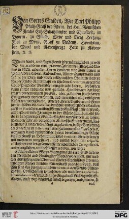 Von Gottes Gnaden, Wir Carl Philipp Pfaltz-Graff bey Rhein,[…]