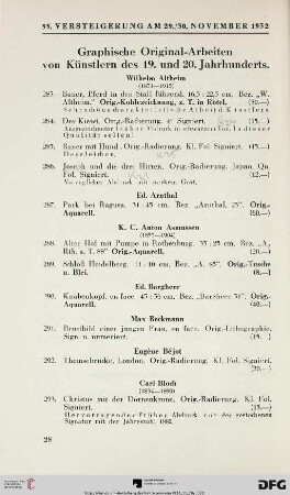 Graphische Original-Arbeiten von Künstlern des 19. und 20. Jahrhunderts (Nr. 283-601)