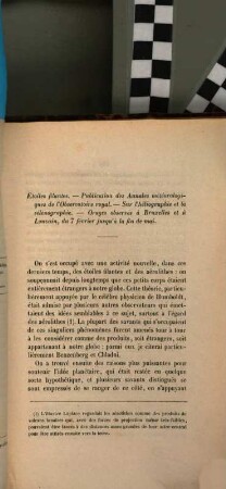 Étoiles filantes. Publication des Annales Météorologiques de l'Observatoire Royal. Sur l'héliographie et la sélénographie. Orages observés a Bruxelles et a Louvain, du 7 février jusqu'a la fin de mai
