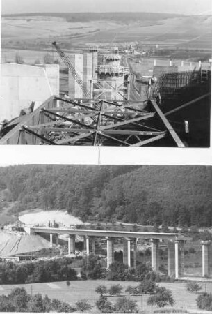 Taubertalbrücke in km 472,227 Blick von Widerlager A über Vorbauschnabel auf Pfeiler B-E.