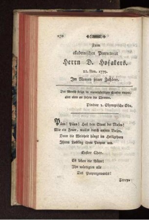 Zum akademischen Prorectorat Herrn D. Hofakers. 22. NOv. 1779. Im Namen seiner Zuhörer.