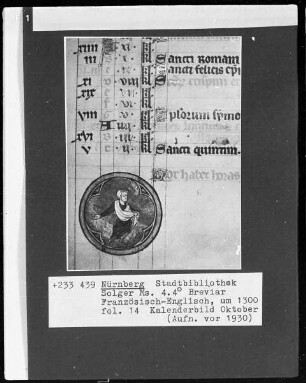 Breviar — Kalenderseite Oktober mit Monatsbild, Folio 14recto