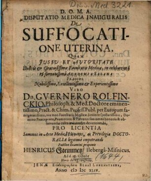 Disputatio Medica Inauguralis De Suffocatione Uterina