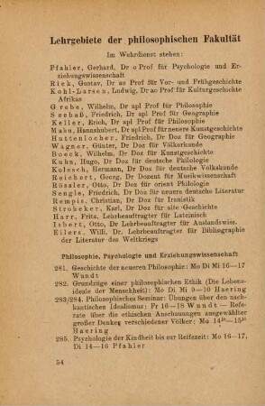 54-63, Lehrgebiete der philosophischen Fakultät