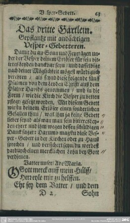 Das dritte Gärtlein. Gepflantzt mit andächtigen Vesper-Gebetteren
