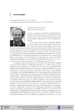 Antrittsrede von Herrn Thomas Boehm an der Heidelberger Akademie der Wissenschaften vom 27. April 2013