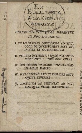 Observationes Quae Habentur In Hoc Specimine.