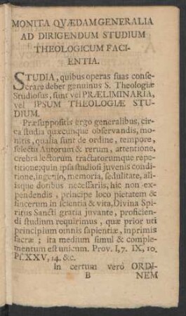 Monita Quaedam Generalia Ad Dirigendum Studium Theologicum Facientia