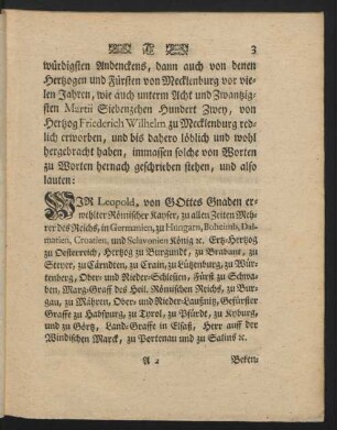 WIR Leopold, von GOttes Gnaden erwehlter Römischer Kayser, ...