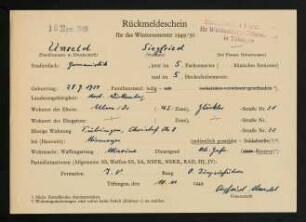 Rückmeldeschein Wintersemester 1949/1950