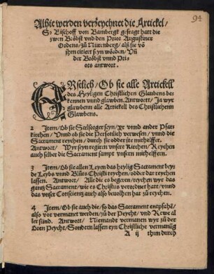 Allhie werden verzeychnet die Artickel/ So Bischoff von Bambergk gefragt hatt die zwen Bröbst und den Prior Augustiner Ordens/ zu Nürenberg ...