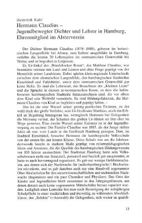 Hermann Claudius - Jugendbewegter Dichter und Lehrer in Hamburg, Ehrenmitglieder im Alsterverein