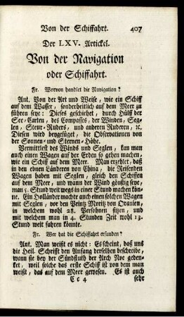 Der LXV. Artickel. Von der Navigation oder Schiffahrt.