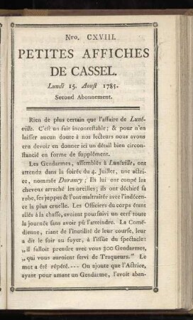 No CXVIII (Lundi 15. Aoust 1785)