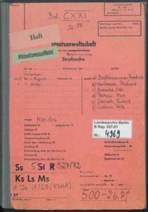 Strafverfahren gegen Friedrich Boßhammer (*20.12.1906, +17.12.1972) u.a. wegen der Beihilfe zum Mord im Rahmen der "Endlösung der Judenfrage", insbesondere aufgrund der Deportation und Ermordung von mindestens 3336 Juden aus Italien, die er als Leiter des Judenreferats IV B 4 des BdS (Befehlshaber der Sicherheitspolizei und des SD) in Verona ab 1944 als Mittäter durchführte