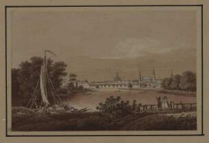 Ansicht von Dresden gegen Abend, sepiagetönte Umrissradierung, um 1821 : Zingg, Adrian : Dresden gegen Abend, Dresden vom Pieschener Winkel / [gefertigt von Adrian Zingg?]. - [S.l.] , [ca. 1821]. - 1 Kunstbl. : sepiagetönte Umrißradierung ; 15 x 10 cm