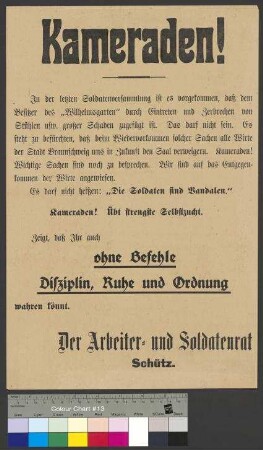Aufruf des Arbeiter- und Soldatenrates zur Vermeidung von Vandalismus bei Soldatenversammlungen im Restaurant Wilhelmsgarten (Braunschweig)