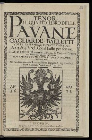 Carlo Farina: Il quarto libro delle pavane, gagliarde ... a 2. 3. & 4. voci ... Tenor