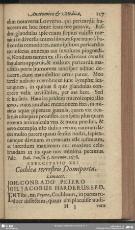 Exercitatio XXI. Cochlea terrestris Domiporta, Limaces Joh. Conrado Peiero Joh. Jacobus Harderus. S. P. D.