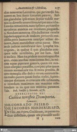 Exercitatio XXI. Cochlea terrestris Domiporta, Limaces Joh. Conrado Peiero Joh. Jacobus Harderus. S. P. D.