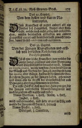 Das 31. Capitel. Von dem hellen und klaren Nasentropfen. - Das 37. Capitel. Von den Fröschen im Maul.