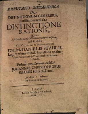 Disp. metaphys. de distinctionum generibus, potisssimum vero de distinctione rationis