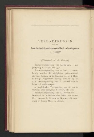 Vergaderingen van het Nederlandsch Genootschap voor Munt- en Penningkunde in 1897