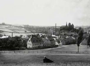 Mylau, Stadtansicht : Mylau. Stadtansicht mit Burg und Götzschtalbrücke
