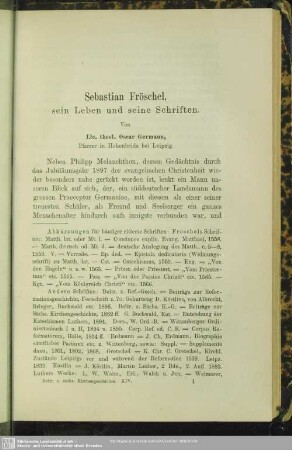 Sebastian Fröschel, sein Leben und seine Schriften