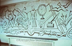 Schule: Wandfries (Harri Egler): aufgeschlagenes Buch mit Symbolen für Wissenschaft und Kunst