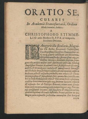 Oratio Secularis ... A Christophoro Stimmelio