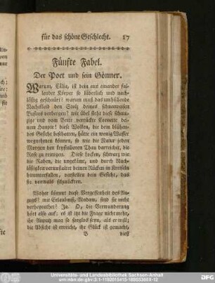 Fünfte Fabel. Der Poet und sein Gönner.