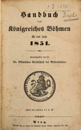 Handbuch des Königreiches Böhmen für das Jahr .... 1851, 1851