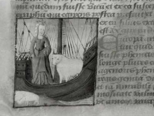 Europa mit dem Stier. Miniatur und Text, Blatt 15v : Europa mit dem Stier. Miniatur und Text, Blatt 15v. Pergament; 45 x 40 mm (Miniatur). Aus: Boccaccius, Johannes: De mulieribus claris. Bourges: L. V. 15. Jh. Dresden: SLUB Mscr.Dresd.F.171.b