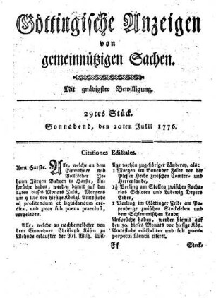 29tes Stück. Sonnabend, den 20ten Julii 1776.