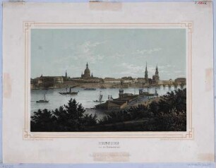 Stadtansicht von Dresden, Blick von der Bärbastion (Beyerwall, Bairbastion) am Neustädter Elbufers auf die Altstadt, im Vordergrund Badeanstalt in der Elbe und Schiffe