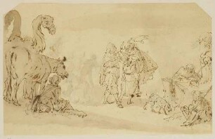 Szene am Brunnen: Vieh, Hirten und zwei Männer mit Krug