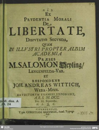 2: Ex prudentia morali de libertate, disputatio ...