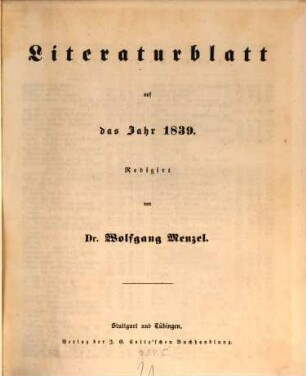 Morgenblatt für gebildete Leser. Literaturblatt. 1839