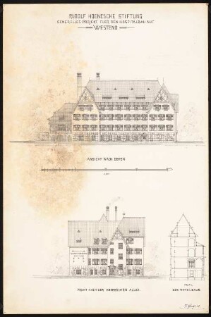 Hospitalbau für die Rudolf-Hoenesche-Stiftung, Berlin-Westend: 2 Ansichten, Schnitt 1:200