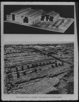 Tell el-mutesellim [Megiddo], Pferdeställe Salomos [durchgestrichen] Omri/ Ahab [neu dazugeschrieben], Rekonstruktion und Grabungsbild