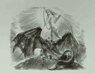 Apollon richtet einen Pfeil gegen den Drachen der Finsternis
