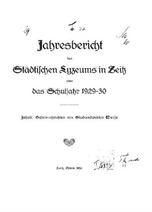 1929/30: Jahresbericht des Städtischen Lyzeums in Zeitz ... - 1929/30