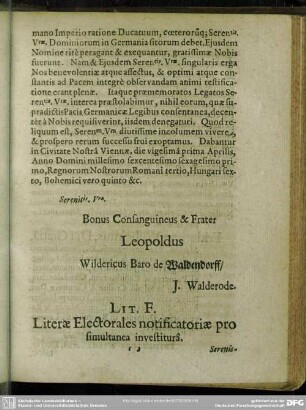Lit. F. Literae Electorales notificatoriae pro simultanea investitura