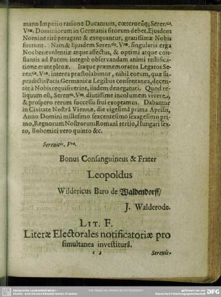 Lit. F. Literae Electorales notificatoriae pro simultanea investitura
