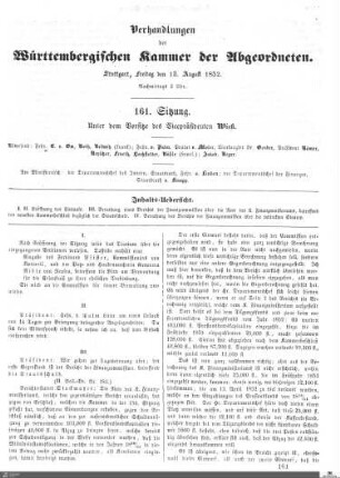161. Sitzung, Stuttgart, 13.8.1852