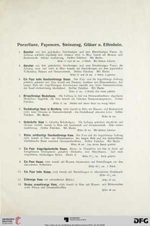 Porzellane, Fayencen, Steinzeug, Gläser und Elfenbein (Nr. 1-82)